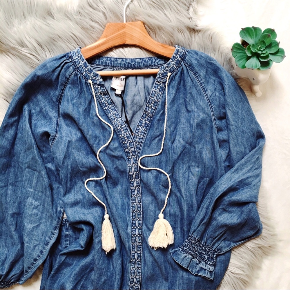 Denim Chambray Embroidered Tassel Boho Dress